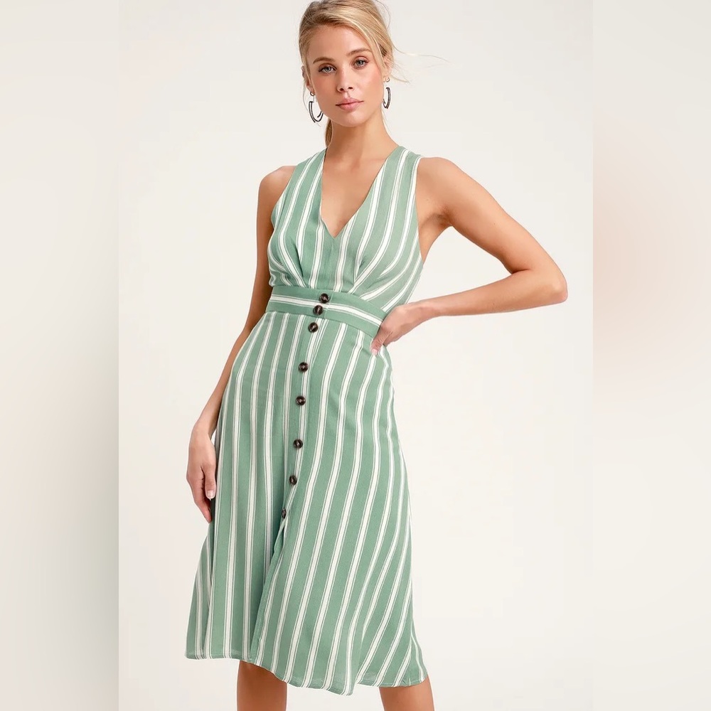 Lulus Jacqui Sage Green and White Striped Button Front Midi Dress!